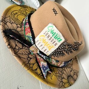 Custom Sunflower Women's Tan western boho Hat feather NWT